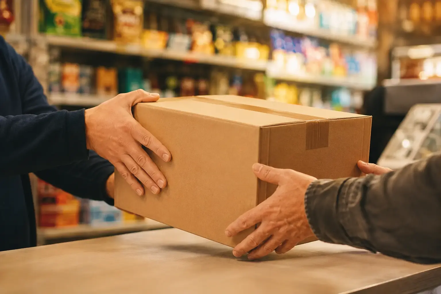 Ein größerer Versandkarton wird im Hermes PaketShop übergeben